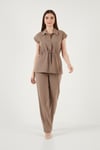 Lela Regular Fit Beli Büzgülü Kısa Kollu Bayan Takım 6928870 HAKİ