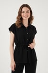 Lela Regular Fit Beli Büzgülü Kısa Kollu Kadın Takım 6928870 SİYAH