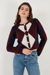 Lela Regular Fit Bisiklet Yaka Baklava Desenli Düğmeli Crop Bayan Hırka 4615570 BORDO