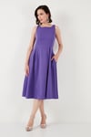 Lela Regular Fit Bisiklet Yaka Cepli Pileli Midi Boy Abiye ve Mezuniyet Kadın Elbise 6111963 EFLATUN