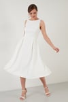 Lela Regular Fit Bisiklet Yaka Cepli Pileli Midi Boy Abiye ve Mezuniyet Kadın Elbise 6111963 EKRU