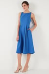 Lela Regular Fit Bisiklet Yaka Cepli Pileli Midi Boy Abiye Kadın Elbise 6111963 İNDİGO