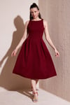 Lela Regular Fit Bisiklet Yaka Cepli Pileli Midi Boy Abiye Kadın Elbise 6111963 BORDO