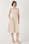 Lela Regular Fit Bisiklet Yaka Cepli Pileli Midi Boy Abiye Kadın Elbise 6111963 TAŞ