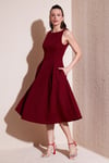 Lela Regular Fit Bisiklet Yaka Cepli Pileli Midi Boy Abiye Kadın Elbise 6111963 BORDO