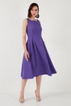 Lela Regular Fit Bisiklet Yaka Cepli Pileli Midi Boy Abiye Kadın Elbise 6111963 EFLATUN
