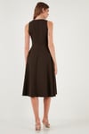 Lela Regular Fit Bisiklet Yaka Cepli Pileli Midi Boy Abiye Kadın Elbise 6111963 KAHVE