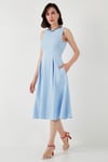 Lela Regular Fit Bisiklet Yaka Cepli Pileli Midi Boy Abiye Kadın Elbise 6111963 BEBE MAVİ