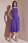 Lela Regular Fit Bisiklet Yaka Cepli Pileli Midi Boy Abiye ve Mezuniyet Kadın Elbise 6111963 EFLATUN