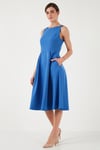 Lela Regular Fit Bisiklet Yaka Cepli Pileli Midi Boy Abiye Kadın Elbise 6111963 İNDİGO