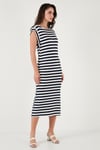 Lela Regular Fit Bisiklet Yaka Çizgili Midi Boy Kadın Elbise 5866105 LACİVERT-BEYAZ