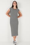Lela Regular Fit Bisiklet Yaka Çizgili Midi Boy Kadın Elbise 5866105 SİYAH-BEYAZ