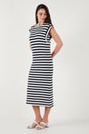 Lela Regular Fit Bisiklet Yaka Çizgili Midi Boy Kadın Elbise 5866105 LACİVERT-BEYAZ