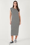 Lela Regular Fit Bisiklet Yaka Çizgili Midi Boy Kadın Elbise 5866105 SİYAH-BEYAZ