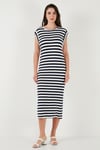 Lela Regular Fit Bisiklet Yaka Çizgili Midi Boy Kadın Elbise 5866105 LACİVERT-BEYAZ