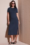 Lela Regular Fit Bisiklet Yaka Yırtmaç Detaylı Midi Kadın Elbise 5866165 FÜME