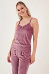 Lela Regular Fit Dantelli Yumuşak Dokulu Sabahlıklı Kadife Bayan Pijama Takımı 6095545 PUDRA