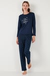 Lela Regular Fit Desenli Bisiklet Yaka Bayan Pijama Takımı 65719102 LACİVERT