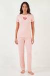 Lela Regular Fit Desenli Bisiklet Yaka Kısa Kollu Kadın Pijama Takımı 65770823 KOYU PUDRA