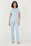 Lela Regular Fit Desenli Bisiklet Yaka Kısa Kollu Kadın Pijama Takımı 65770823 MAVİ