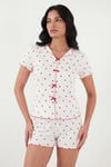 Lela Regular Fit Desenli V Yaka Şortlu Kadın Pijama Takımı 65770837 BEYAZ-KIRMIZI