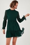 Lela Regular Fit Dik Yaka Büzgülü Astarlı Mini Abiye Bayan Elbise 611EL345 ZÜMRÜT