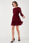 Lela Regular Fit Dik Yaka Büzgülü Astarlı Mini Abiye Kadın Elbise 611EL345 BORDO