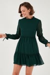 Lela Regular Fit Dik Yaka Büzgülü Astarlı Mini Abiye Bayan Elbise 611EL345 ZÜMRÜT