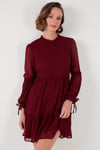 Lela Regular Fit Dik Yaka Büzgülü Astarlı Mini Abiye Kadın Elbise 611EL345 BORDO