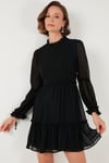 Lela Regular Fit Dik Yaka Büzgülü Astarlı Mini Abiye Bayan Elbise 611EL345 SİYAH