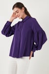 Lela Regular Fit Dikiş Detaylı Düz Yaka Balon Kol Bayan Gömlek 611GO00003 MOR