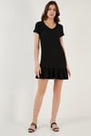 Lela Regular Fit Fırfırlı V Yaka Bürümcük Mini Bayan Elbise 5865071 SİYAH