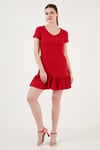 Lela Regular Fit Fırfırlı V Yaka Bürümcük Mini Bayan Elbise 5865071 KIRMIZI