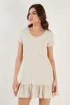 Lela Regular Fit Fırfırlı V Yaka Bürümcük Mini Bayan Elbise 5865071 TAŞ