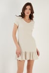 Lela Regular Fit Fırfırlı V Yaka Bürümcük Mini Bayan Elbise 5865071 TAŞ