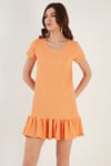 Lela Regular Fit Fırfırlı V Yaka Bürümcük Mini Bayan Elbise 5865071 AÇIK ORANJ