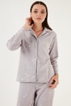 Lela Regular Fit Gömlek Yaka Önden Düğmeli Polar Kadın Pijama Takımı 6571009W4 GRİ