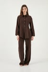Lela Regular Fit Klasik Yaka Belden Oturan Gömlek Bayan Takım 6928872 KAHVE