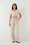 Lela Regular Fit Kruvaze Yaka Düğme Detaylı Crop Kadın Takım 5866446 TAŞ