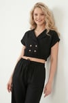Lela Regular Fit Kruvaze Yaka Düğme Detaylı Crop Bayan Takım 5866446 SİYAH