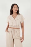 Lela Regular Fit Kruvaze Yaka Düğme Detaylı Crop Kadın Takım 5866446 TAŞ
