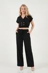 Lela Regular Fit Kruvaze Yaka Düğme Detaylı Crop Bayan Takım 5866446 SİYAH