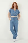 Lela Regular Fit Kruvaze Yaka Düğme Detaylı Crop Bayan Takım 5866446 MAVİ
