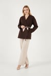 Lela Regular Fit Kruvaze Yaka Fular Kemerli Blazer Kadın Ceket 6927673 KAHVE