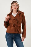 Lela Regular Fit Kruvaze Yaka Kuşaklı Süet Dokulu Bayan Ceket 6839640 TABA