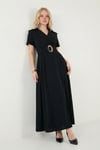 Lela Regular Fit Kruvaze Yaka Tokalı Kemer Detaylı Bayan Elbise 6922332 SİYAH