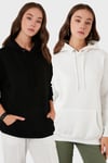 Lela Regular Fit Pamuklu Kapüşonlu Yaka Şardonlu Kışlık 2'li Paket Bayan Sweat 5863854S2 EKRU-SİYAH