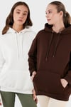 Lela Regular Fit Pamuklu Kapüşonlu Yaka Şardonlu Kışlık 2'li Paket Bayan Sweat 5863854S2 EKRU-KAHVE