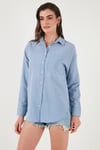 Lela Regular Fit Uzun Kollu Cepli Çizgili Bayan Gömlek 6772895 İNDİGO