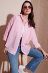 Lela Regular Fit Uzun Kollu Cepli Çizgili Bayan Gömlek 6772895 Şeker Pembe